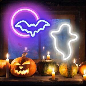 2 Pack Halloween Neon Signs White Ghost Blue Bat Full Moon Lights Decorations